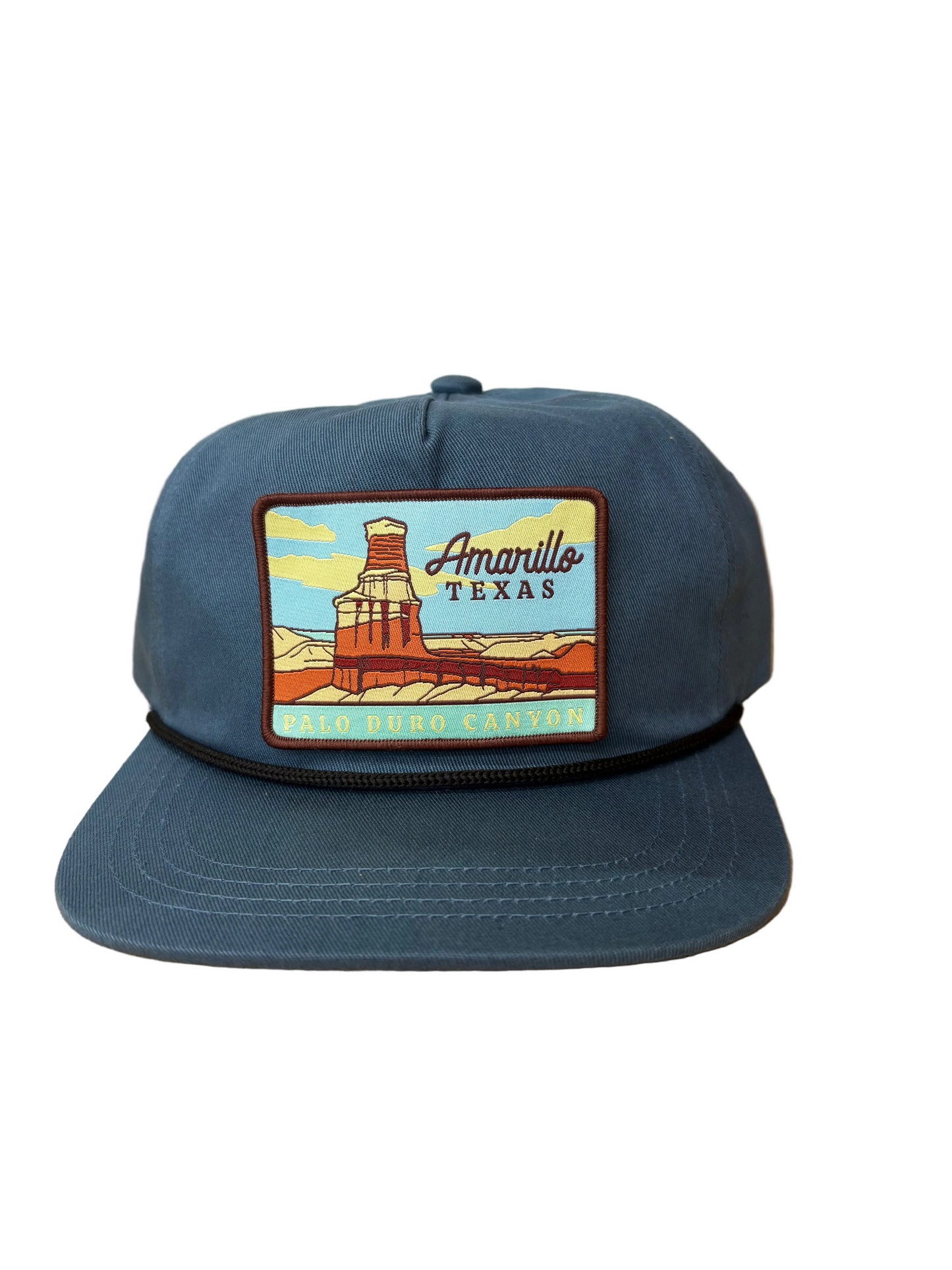 Light Blue cap with a colorful patch featuring 'Amarillo, Texas' on a white background. Patch isn't sewn on in picture. Product pic only.
