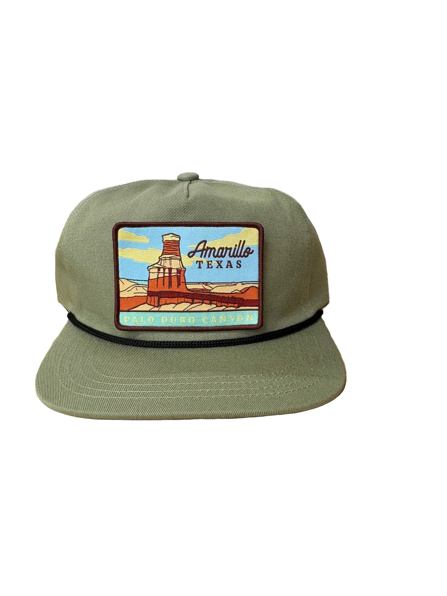 Sage cap with a colorful patch featuring Amanillo, Texas on a white background. Patch isn't sewn on in picture. Product use only.