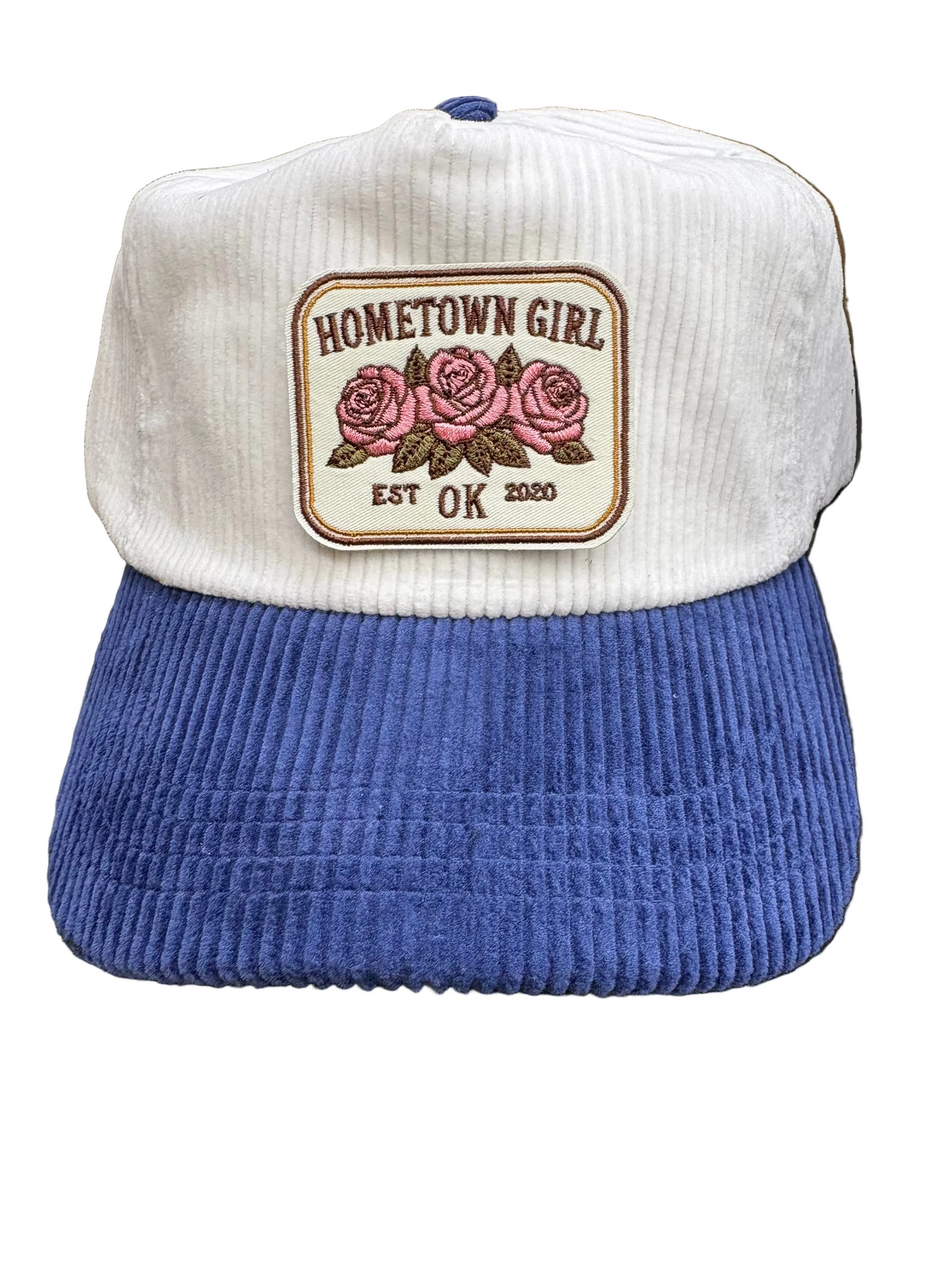 White and blue corduroy cap with 'Hometown Girl' patch featuring roses 