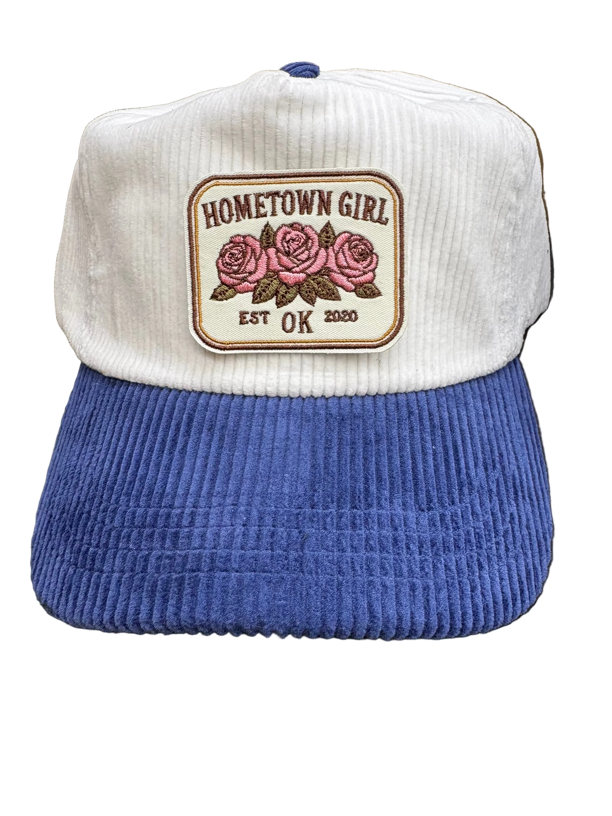 White and blue corduroy cap with 'Hometown Girl' patch featuring roses 