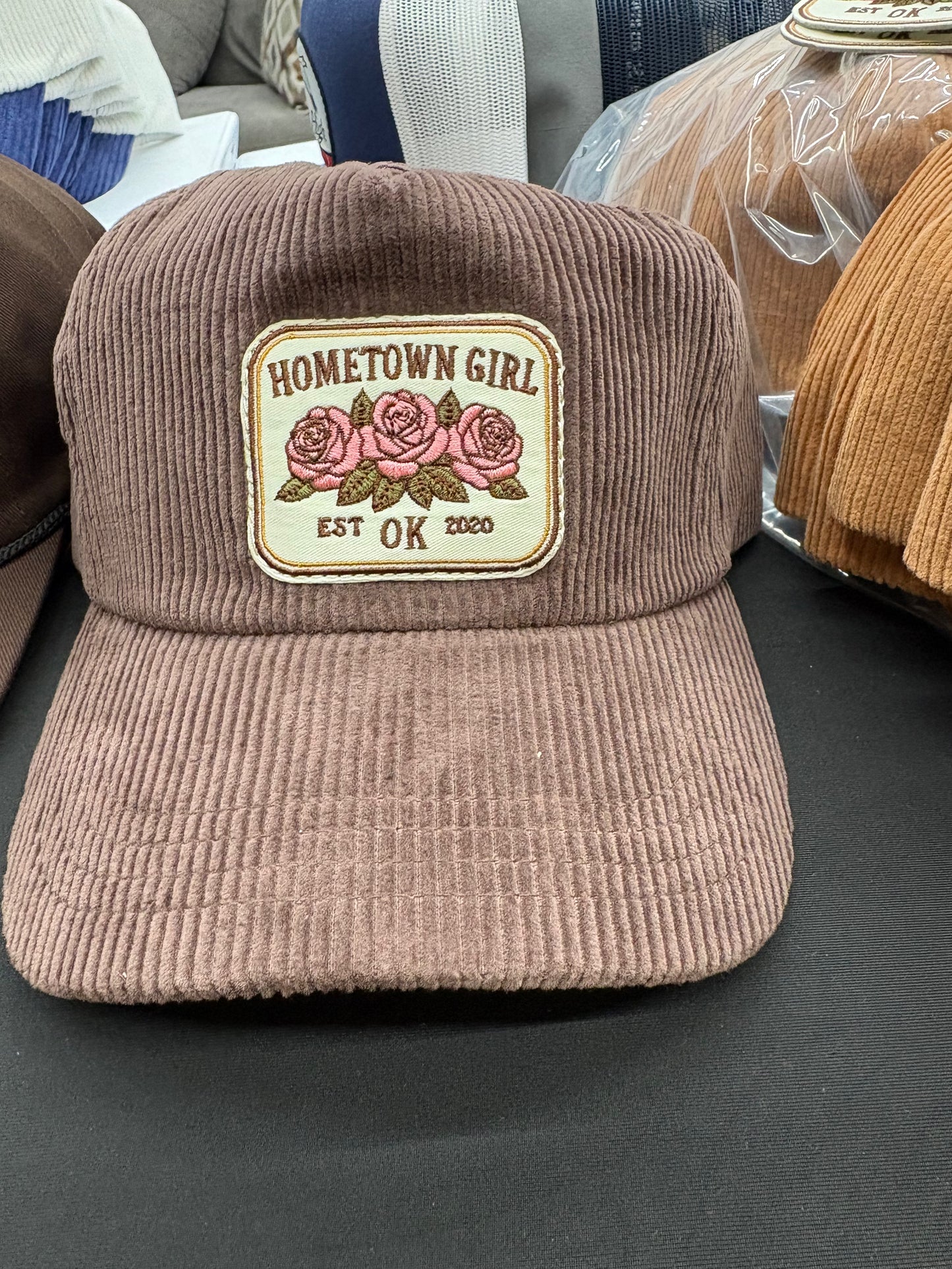 Brown corduroy cap with 'Hometown Girl' patch 