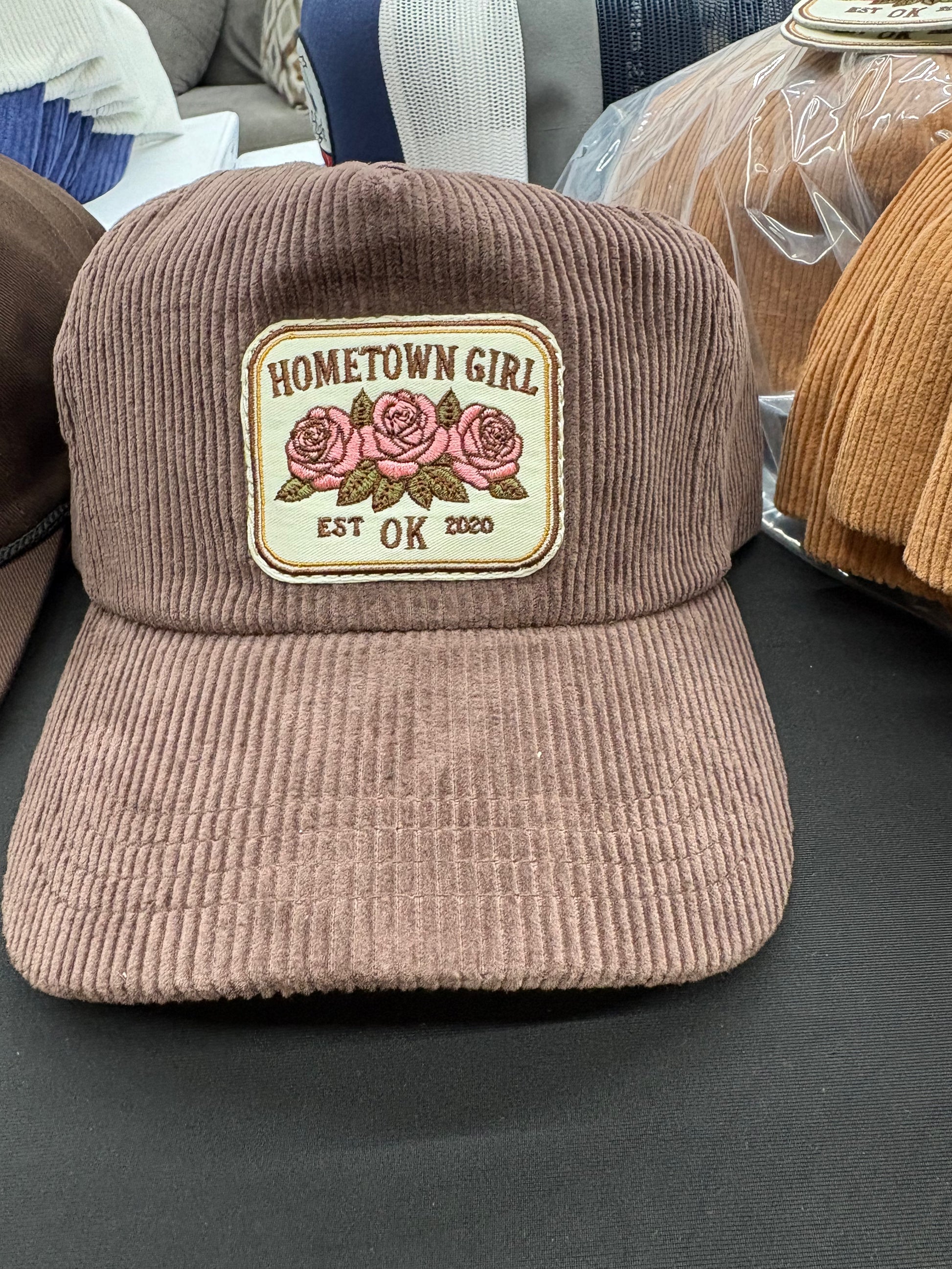 Brown corduroy cap with 'Hometown Girl' patch 
