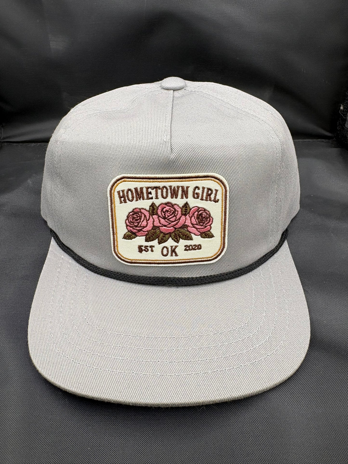 Gray kids hat with 'Hometown Girl' patch featuring roses 