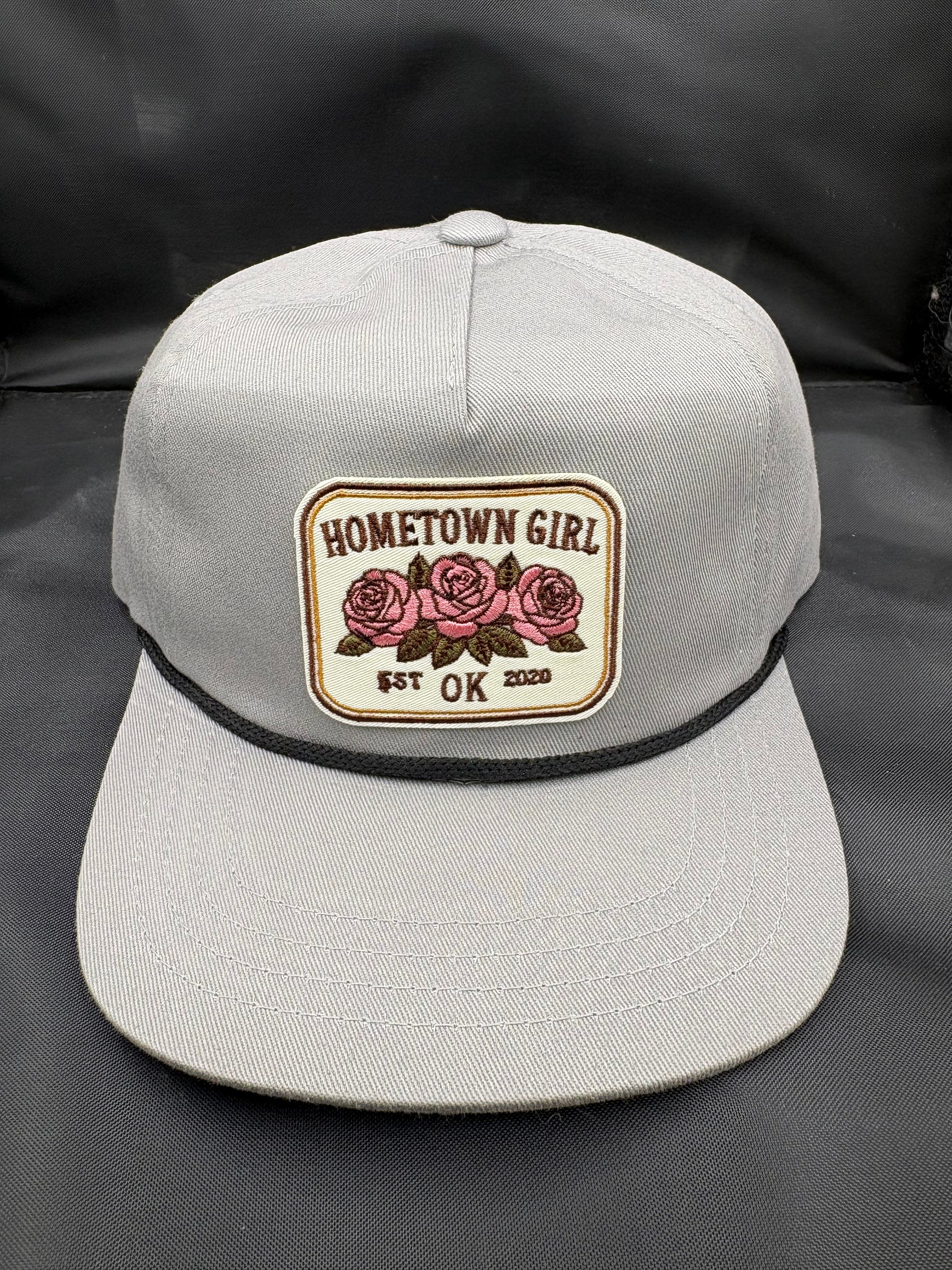 Gray kids hat with 'Hometown Girl' patch featuring roses 