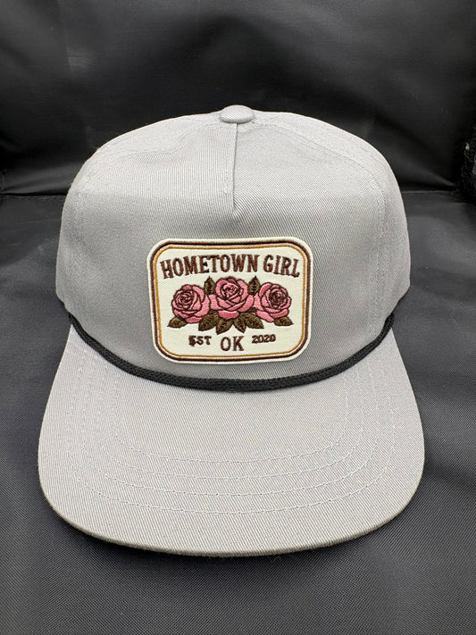 Gray kids hat with 'Hometown Girl' patch featuring roses 